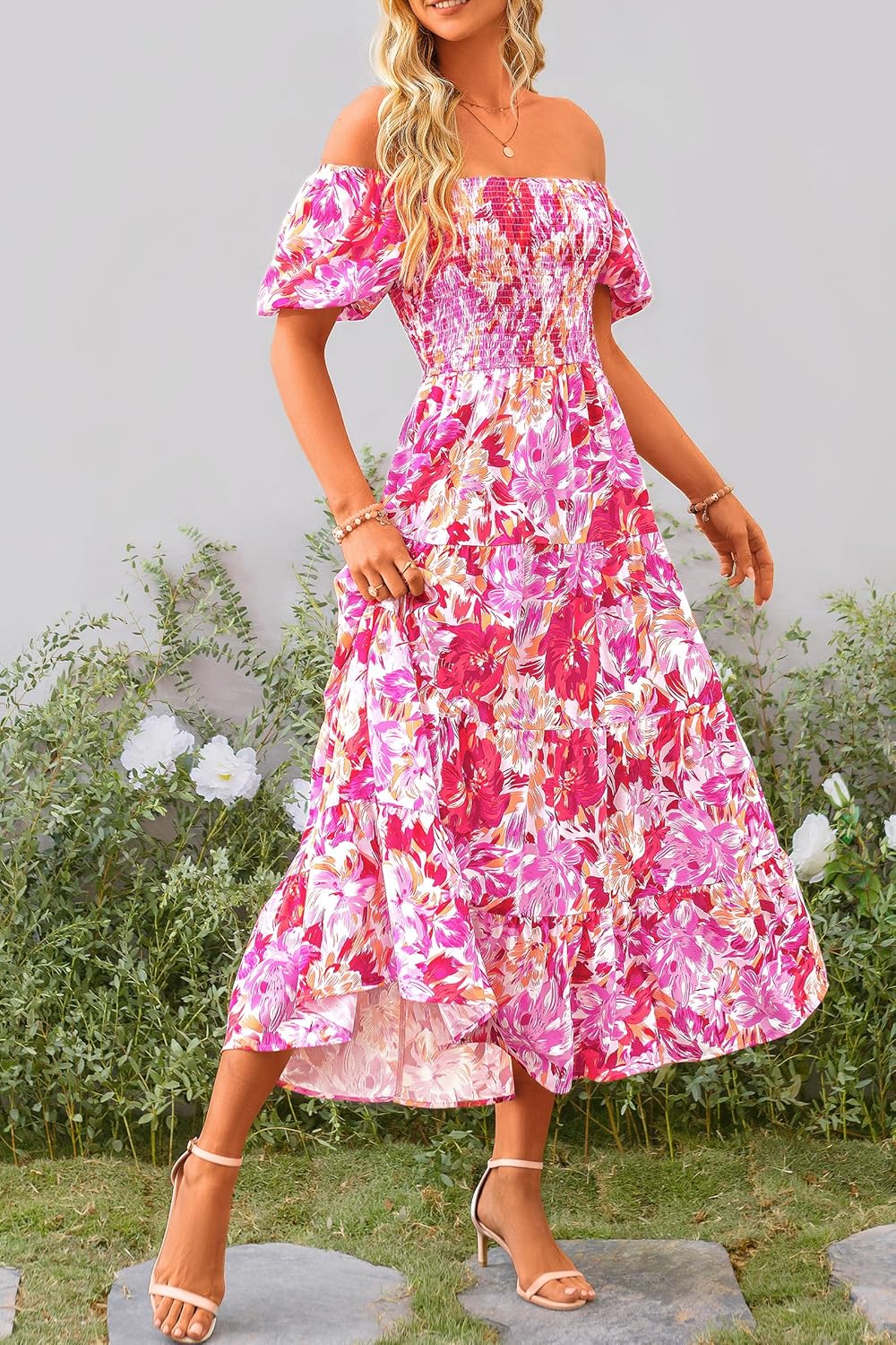 Vestido Midi Juanna Mulher Verão – Vestido com Decote Quadrado, Franzido, com Mangas Bufantes e Folhos