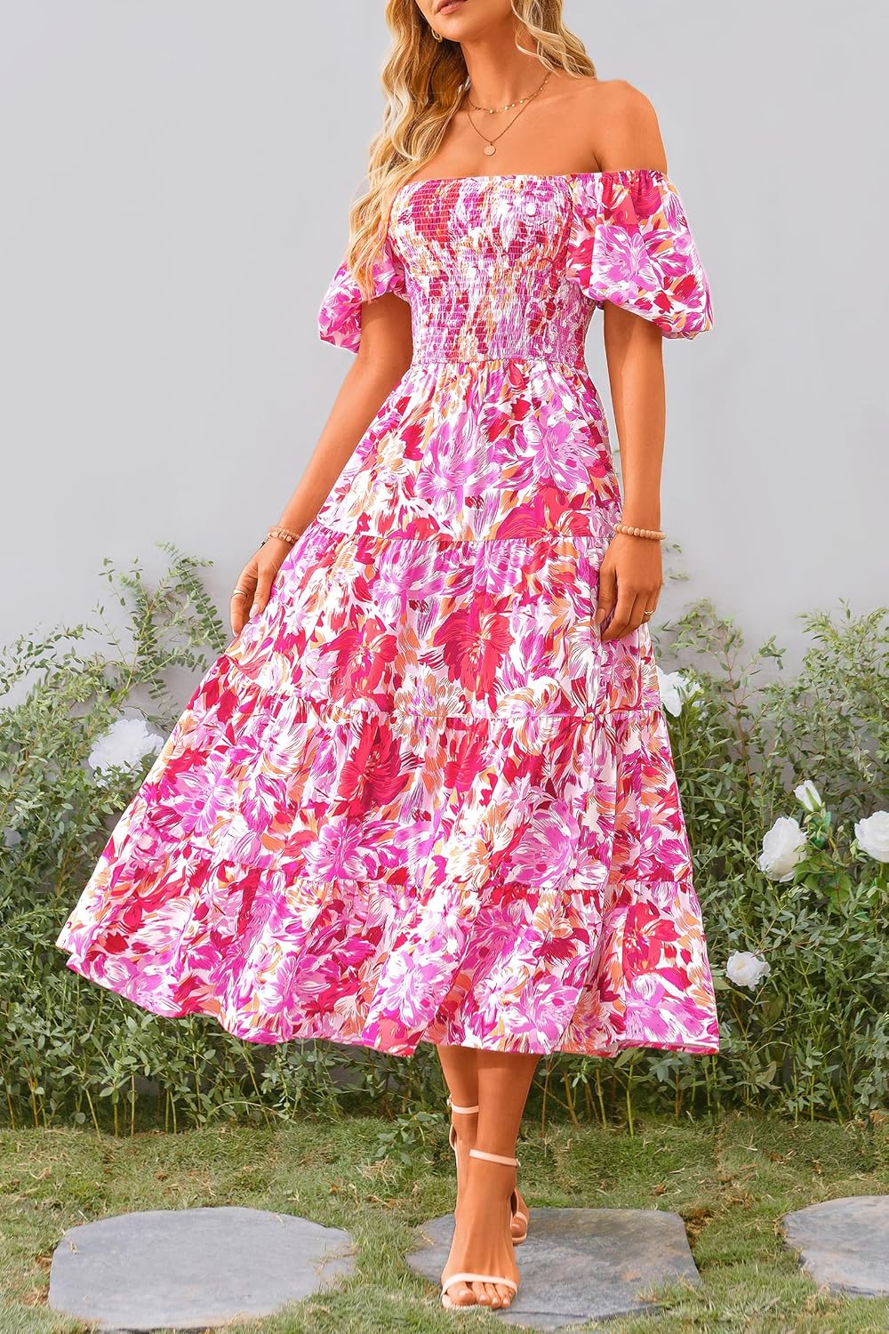 Juanna Robe Midi Femme Été – Robe Col Carré Smockée avec Manches Bouffantes & Volants