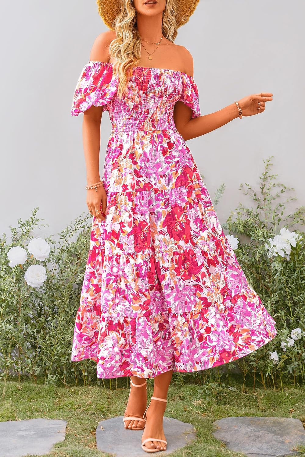 Juanna Robe Midi Femme Été – Robe Col Carré Smockée avec Manches Bouffantes & Volants