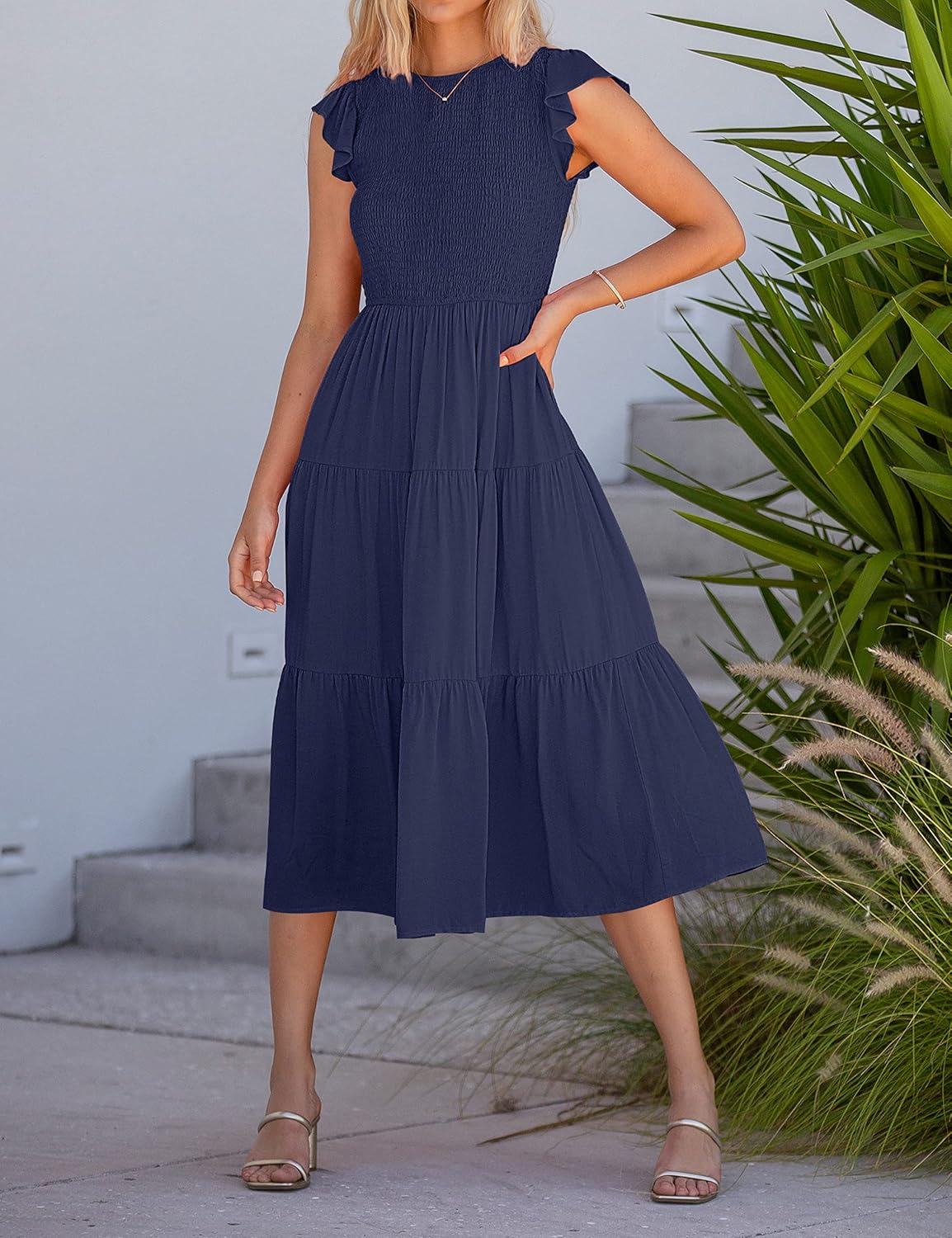 Midi šaty Louise pre ženy – letné šaty so smockovaním, volánovými rukávmi, elegantný áčkový strih
