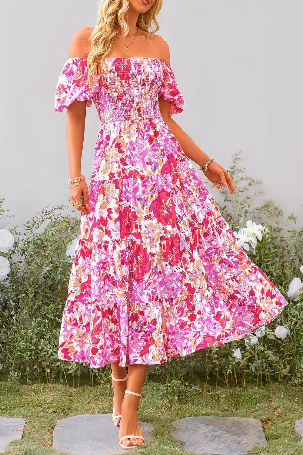 Juanna Robe Midi Femme Été – Robe Col Carré Smockée avec Manches Bouffantes & Volants