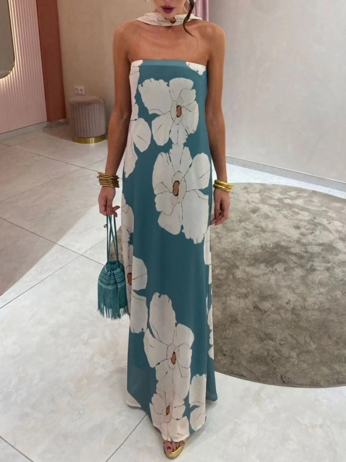 Isaline – elegancka letnia długa sukienka maxi damska, dopasowana sukienka bez ramiączek z nadrukiem