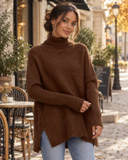 Maglione Neri da donna a collo alto – Maglia oversize lunga con spacchi laterali