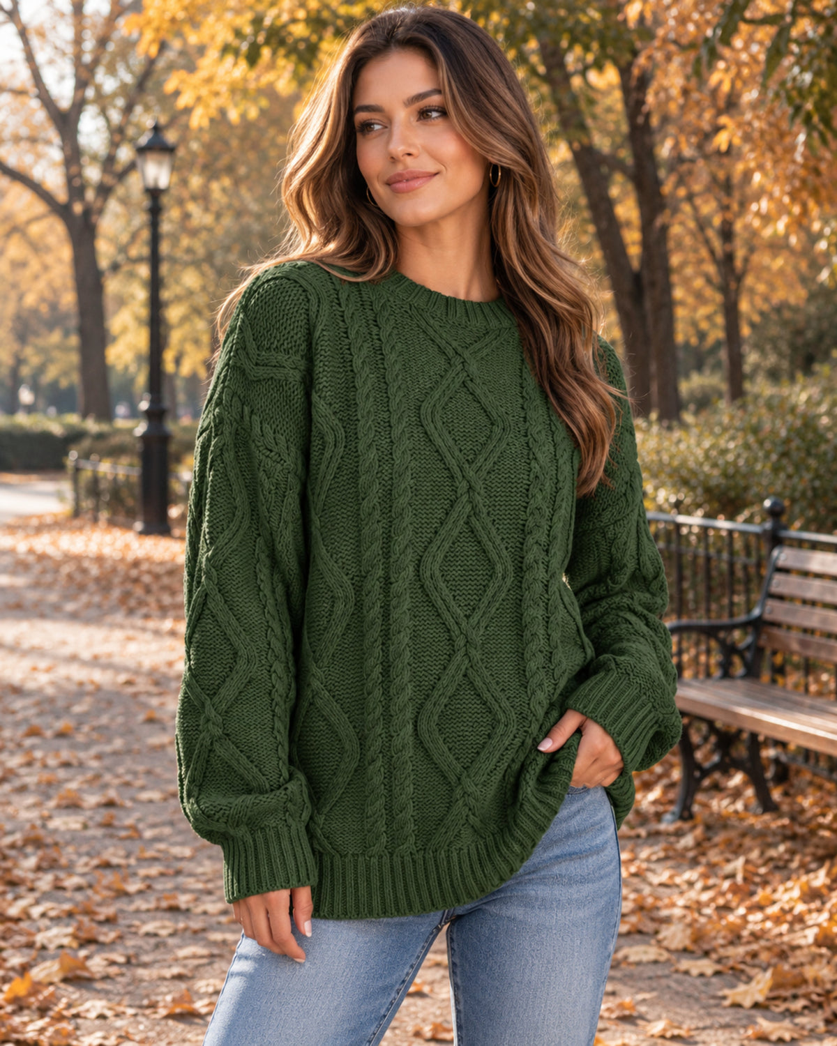 Freya Maglione oversize da donna in maglia intrecciata – Collo rotondo, maniche lunghe