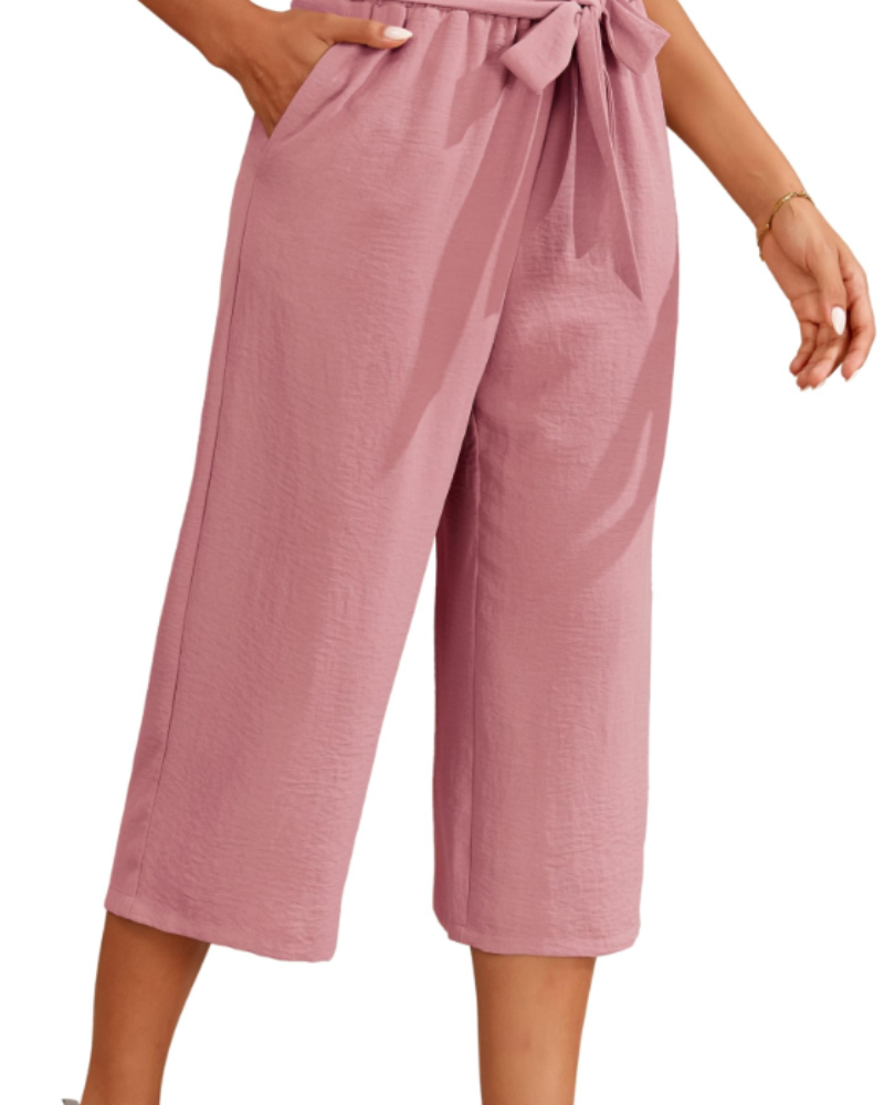 Solène Calças Capri de Senhora de Cintura Alta – Calças 3/4 Largas, Fluidas e Leves com Bolsos