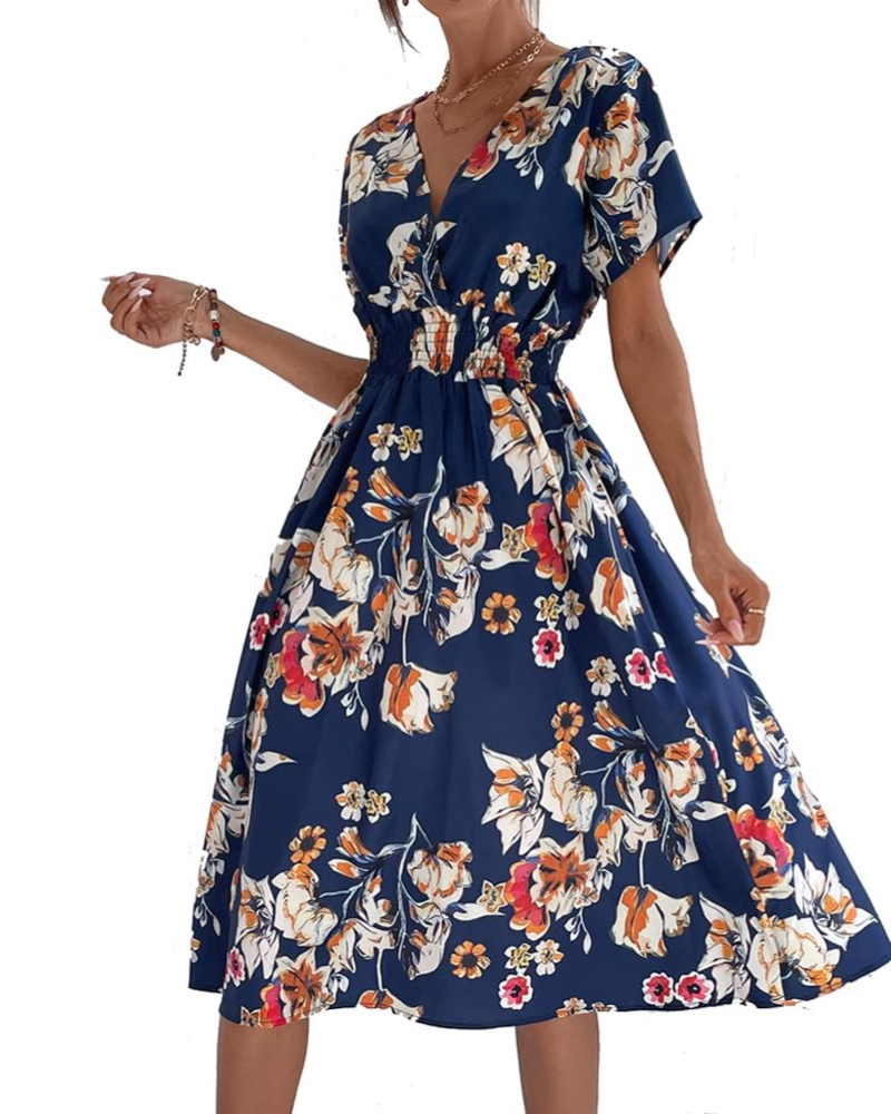 Kimber Floral Women’s Dress – Bohemian V-Neck High-Waisted Flowy Short-Sleeve Dress