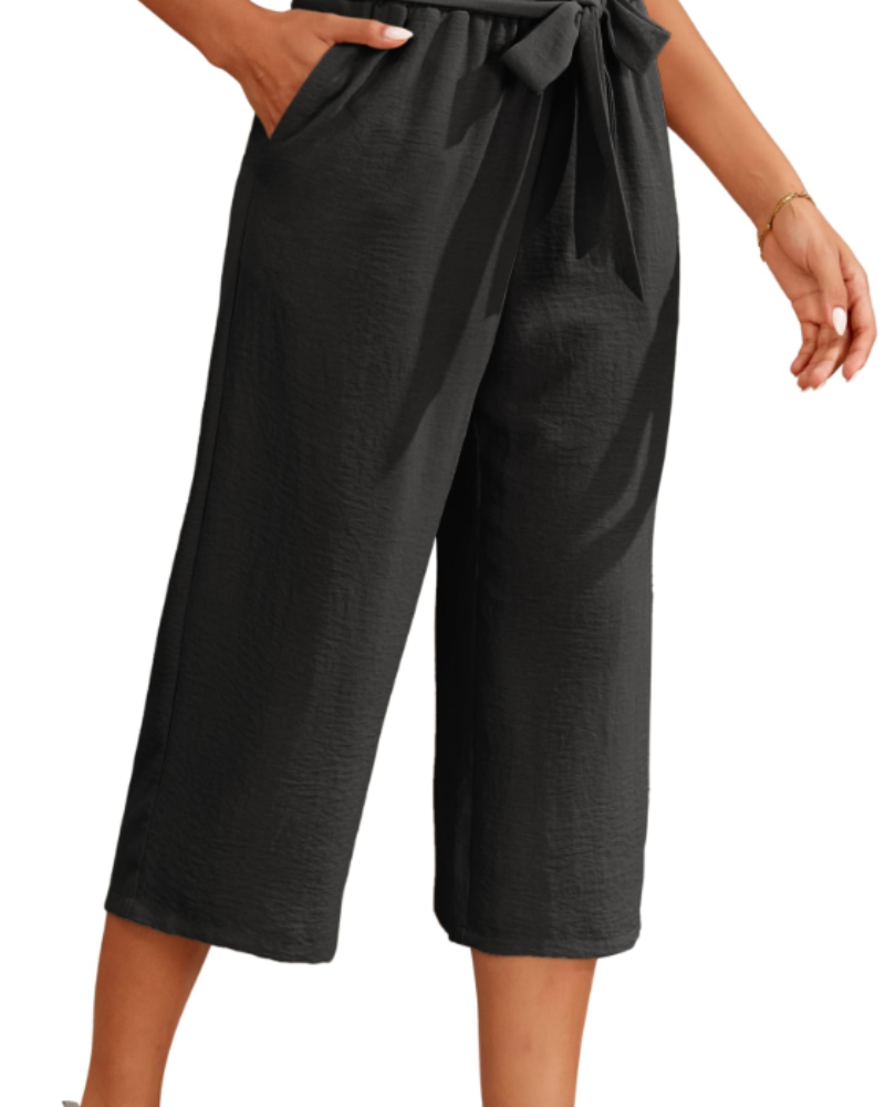 Solène Calças Capri de Senhora de Cintura Alta – Calças 3/4 Largas, Fluidas e Leves com Bolsos