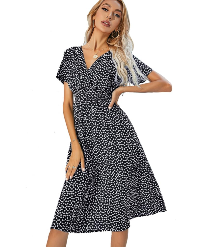 Kimber Floral Women’s Dress – Bohemian V-Neck High-Waisted Flowy Short-Sleeve Dress