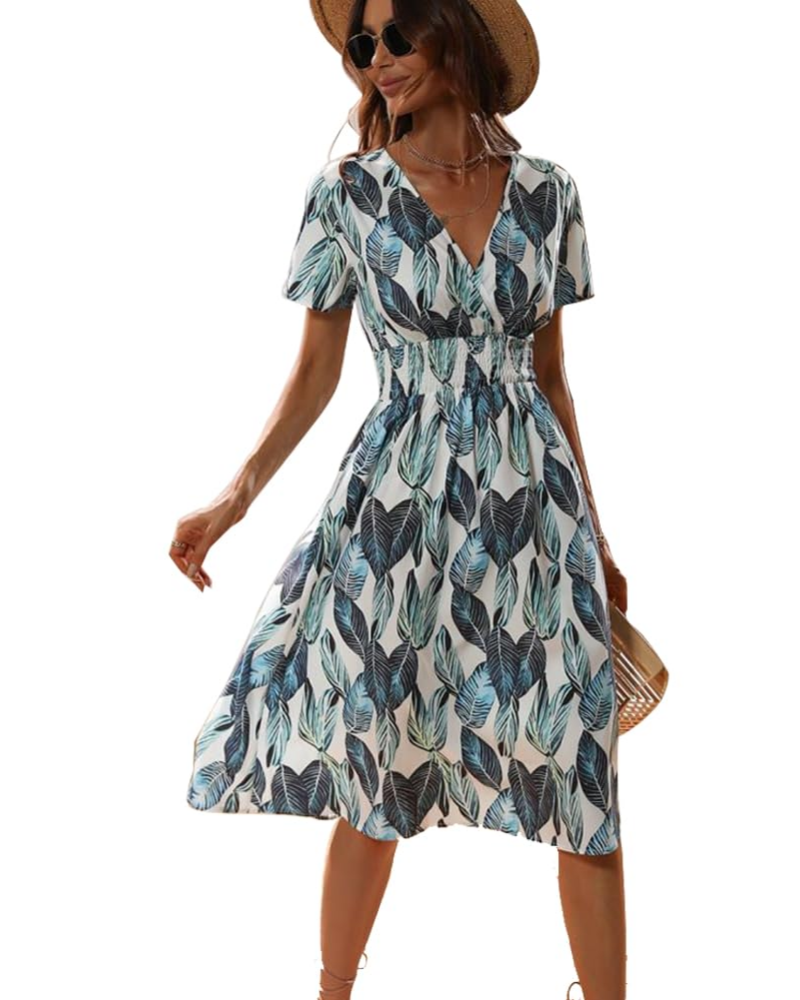 Kimber Floral Women’s Dress – Bohemian V-Neck High-Waisted Flowy Short-Sleeve Dress