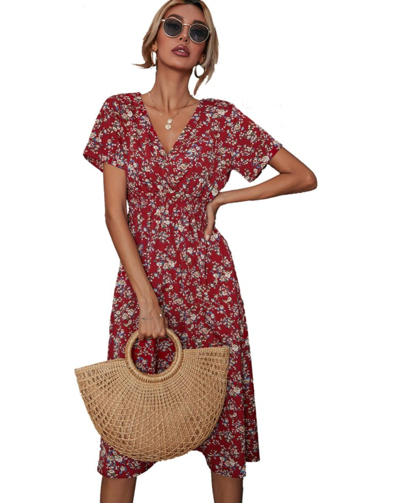 Kimber Floral Women’s Dress – Bohemian V-Neck High-Waisted Flowy Short-Sleeve Dress