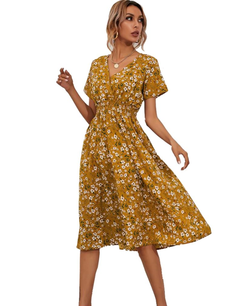 Kimber Floral Women’s Dress – Bohemian V-Neck High-Waisted Flowy Short-Sleeve Dress