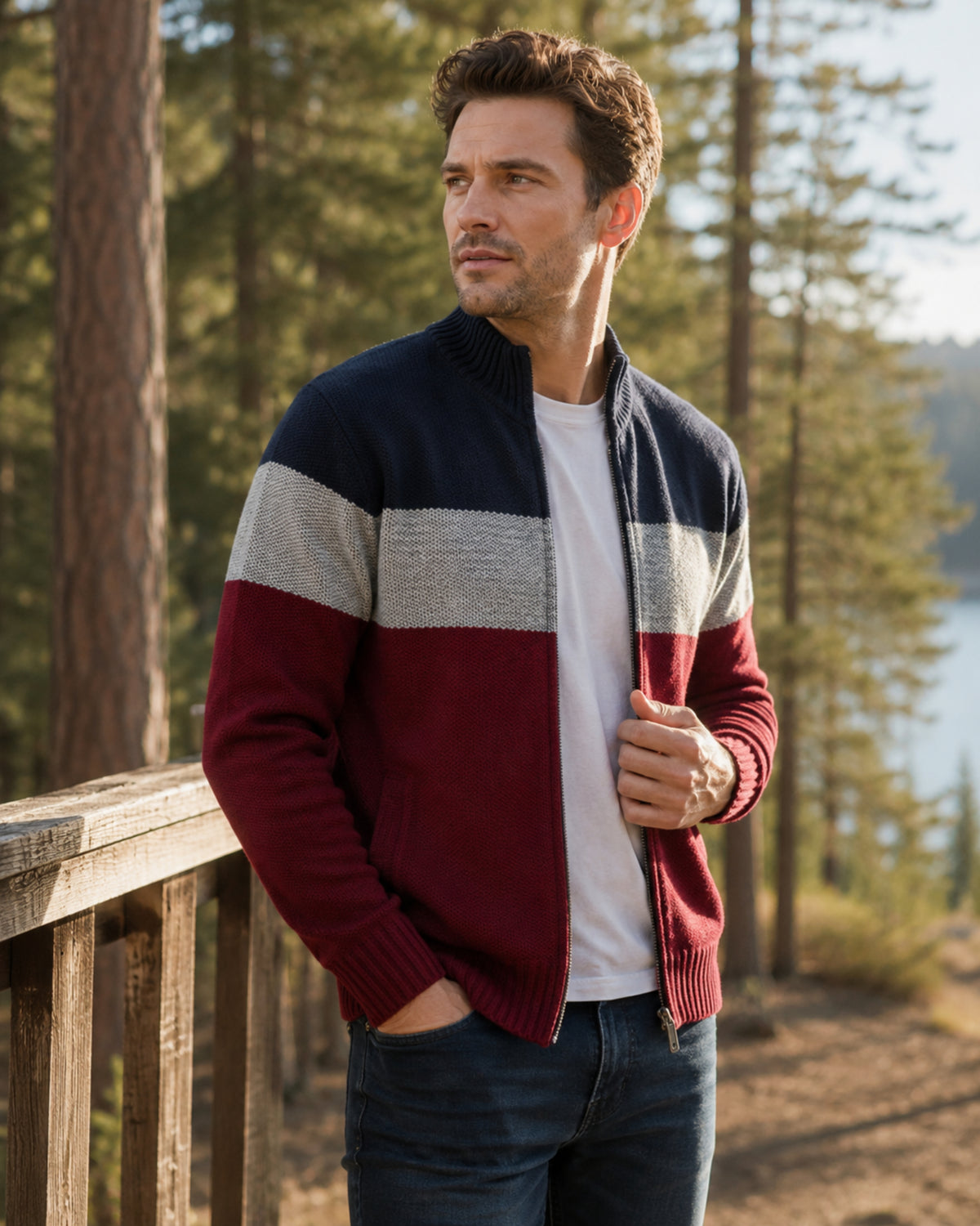 Cárdigan Quentin con cremallera para hombre – Punto de bloques de color, cuello alto y mangas largas