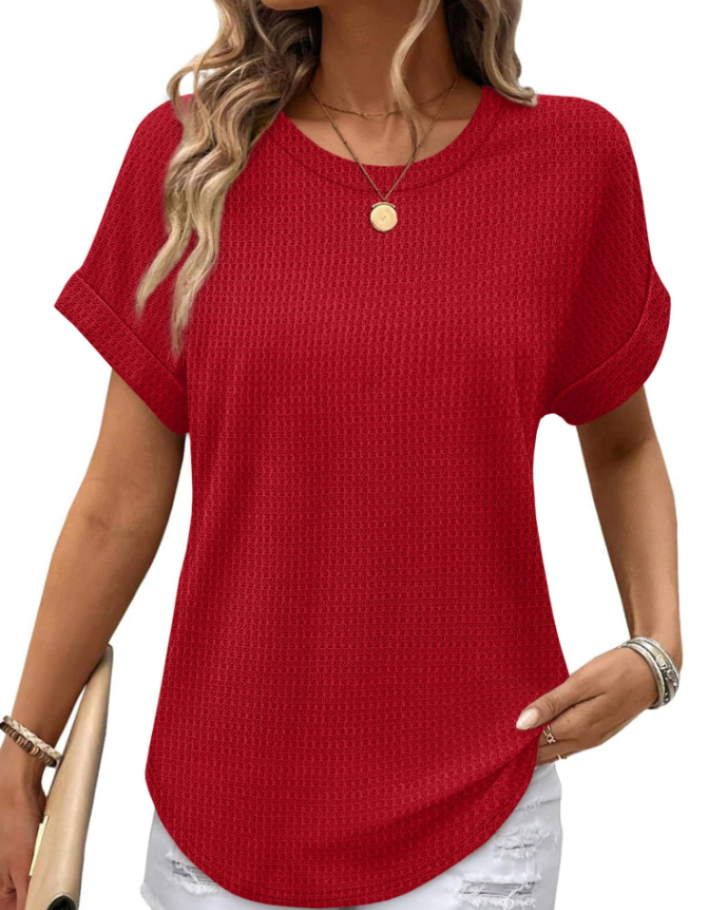 Hannah Top Mulher em Malha Texturada – T-shirt com Gola Redonda e Mangas Dobradas