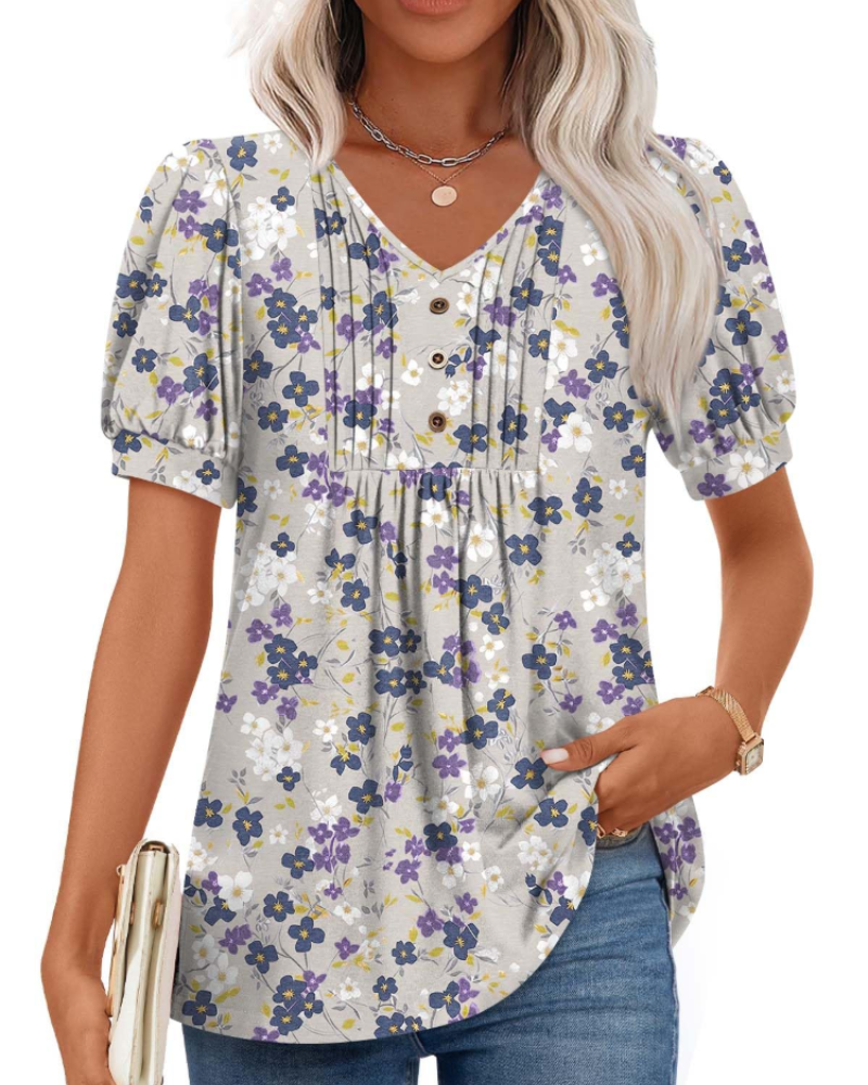 Delaney Damesblouse met V-hals – Top met pofmouwen, ruches en knopen