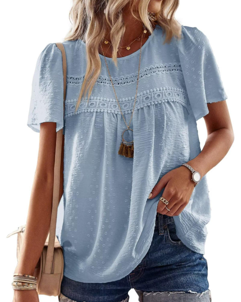 Talia Blouse Bohème Femme en Dentelle – Haut Col Rond à Manches Courtes