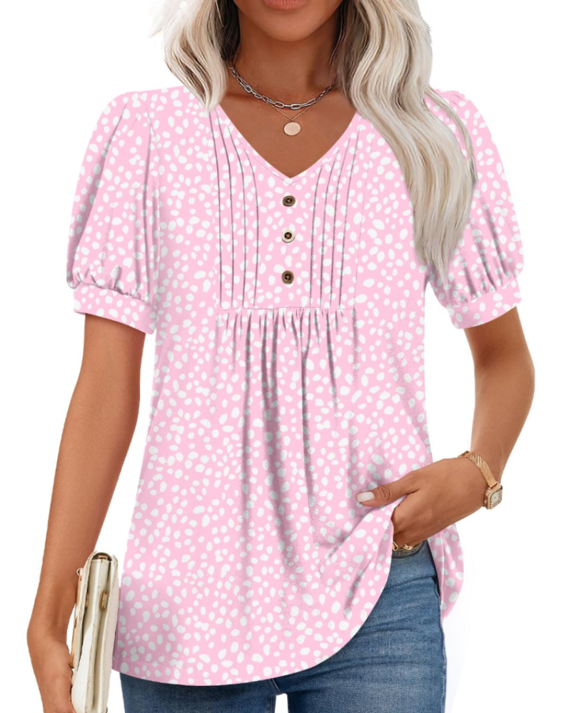 Delaney Damesblouse met V-hals – Top met pofmouwen, ruches en knopen