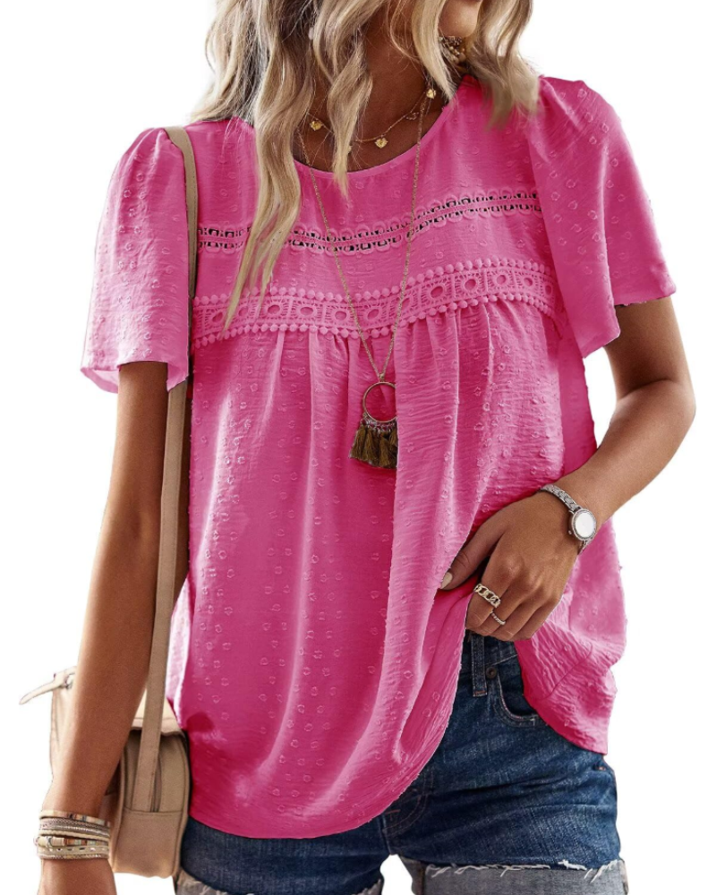 Talia Blouse Bohème Femme en Dentelle – Haut Col Rond à Manches Courtes