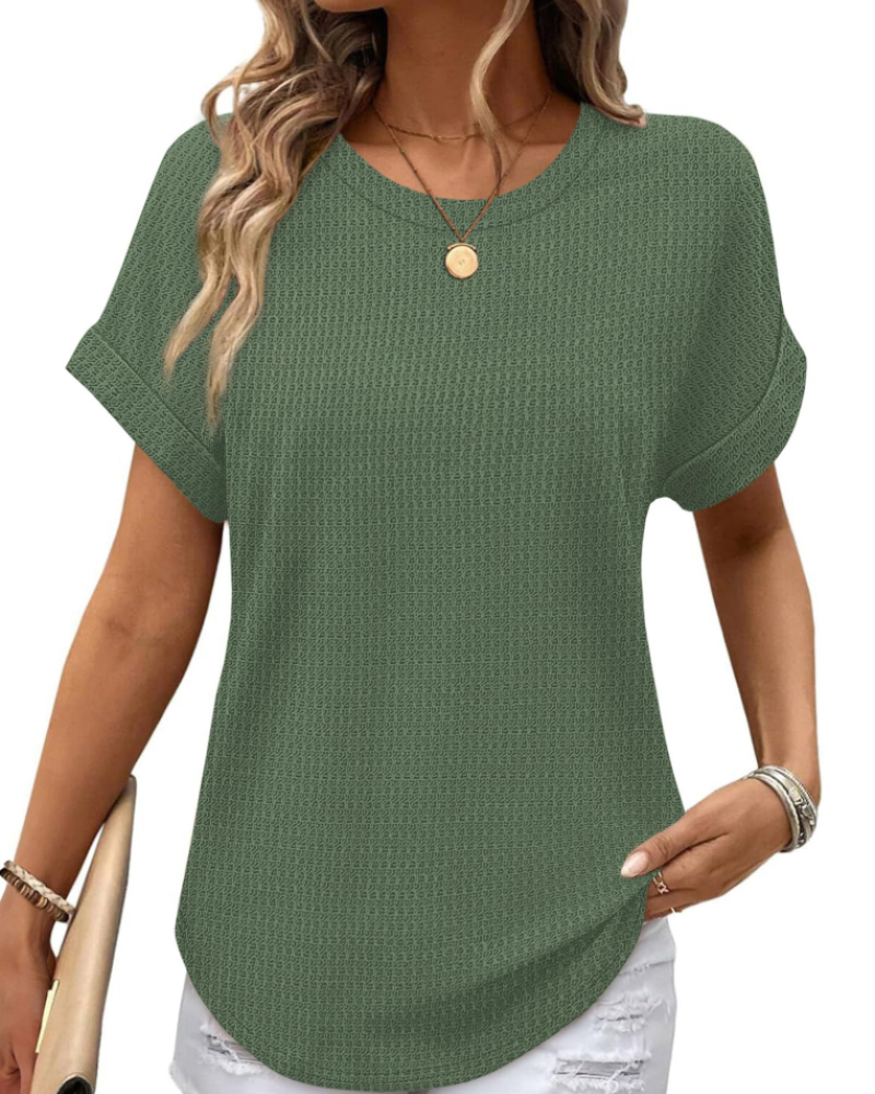 Hannah Top Mulher em Malha Texturada – T-shirt com Gola Redonda e Mangas Dobradas