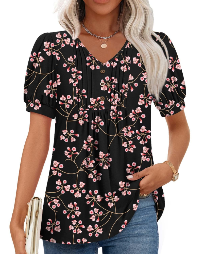 Delaney Damesblouse met V-hals – Top met pofmouwen, ruches en knopen
