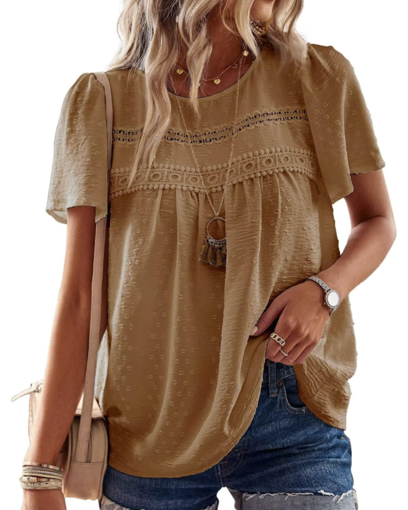 Talia Blouse Bohème Femme en Dentelle – Haut Col Rond à Manches Courtes