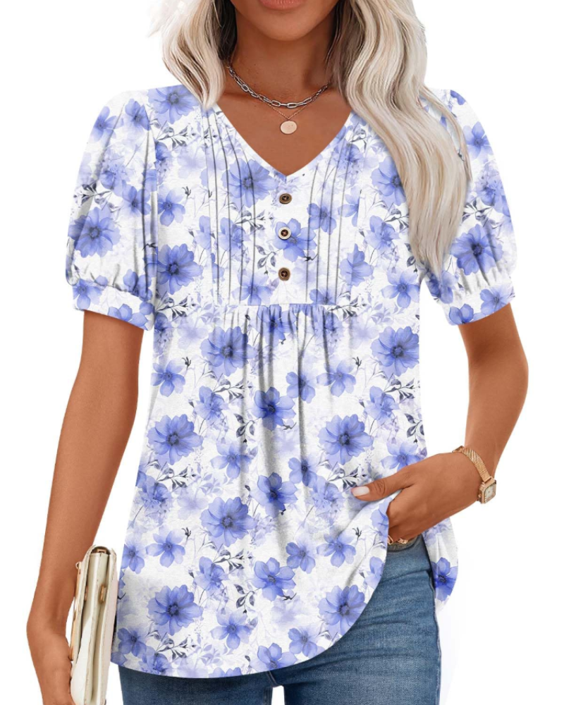Delaney Damesblouse met V-hals – Top met pofmouwen, ruches en knopen