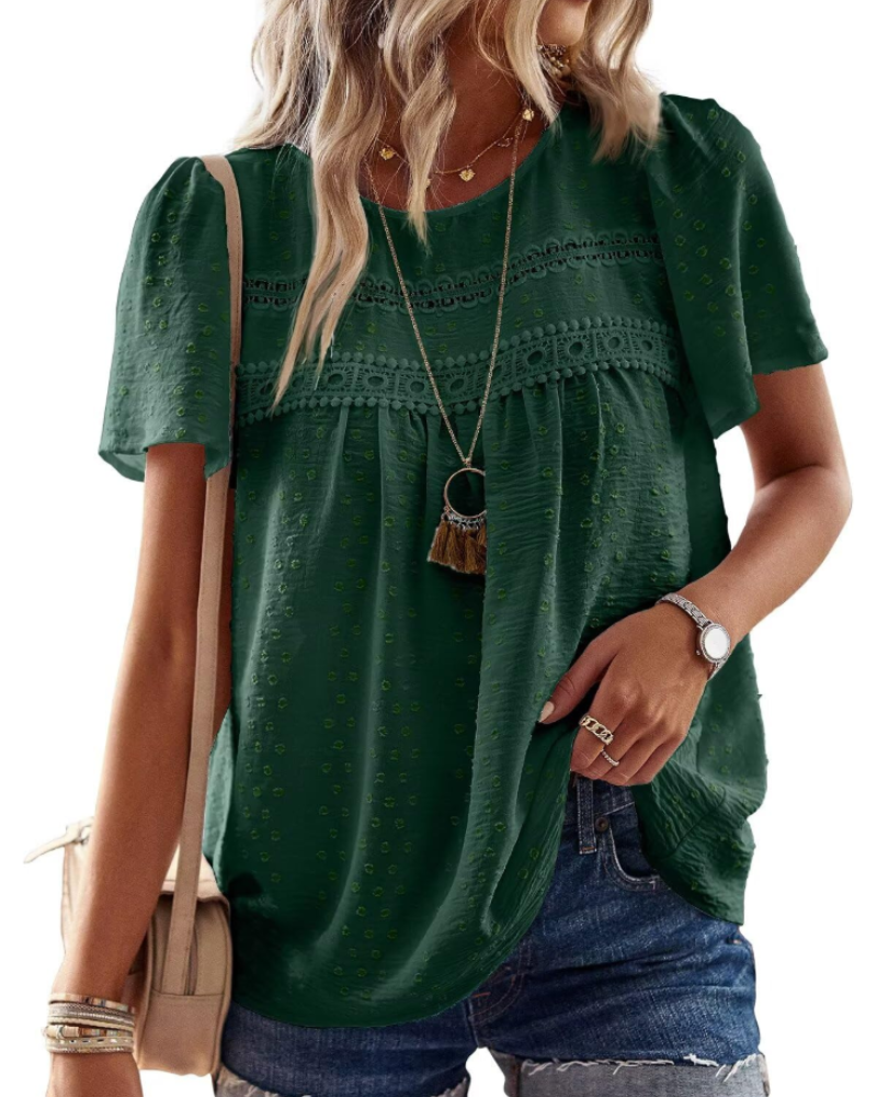 Talia Blouse Bohème Femme en Dentelle – Haut Col Rond à Manches Courtes