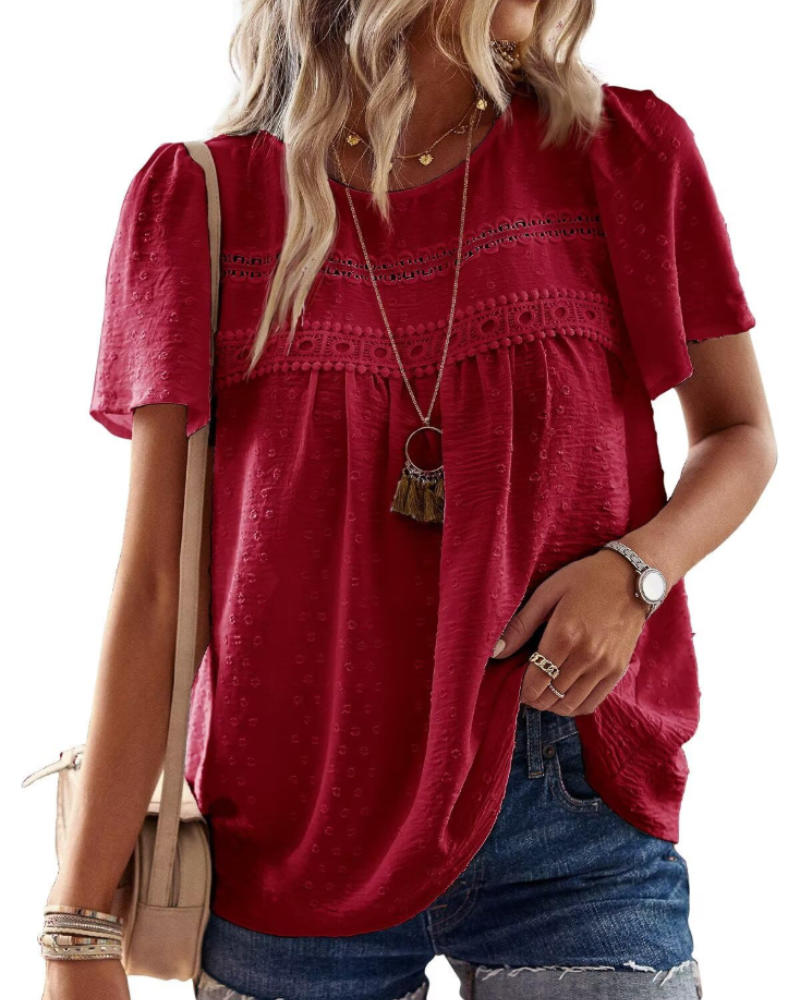Talia Blouse Bohème Femme en Dentelle – Haut Col Rond à Manches Courtes