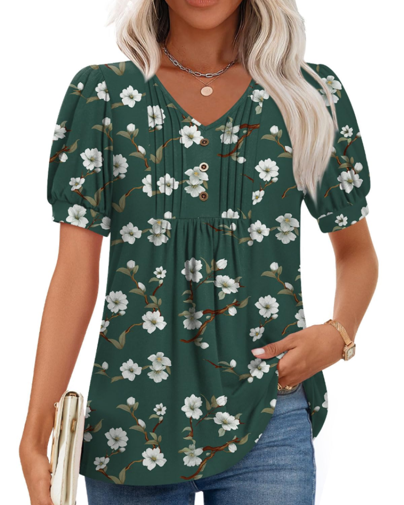 Delaney Damesblouse met V-hals – Top met pofmouwen, ruches en knopen