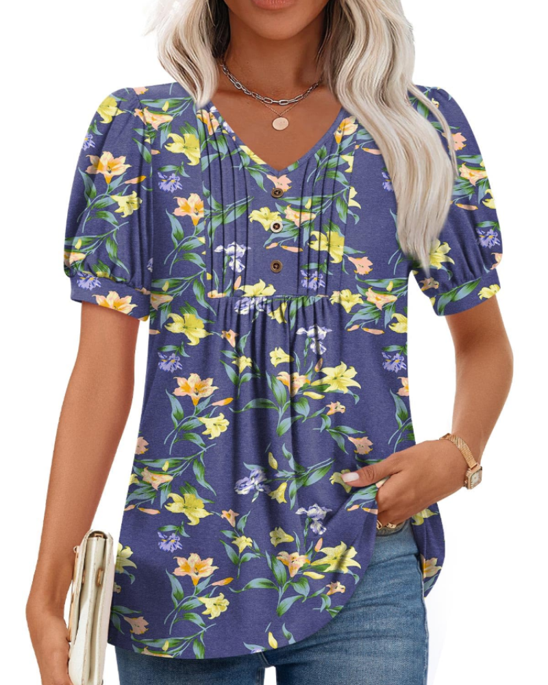 Delaney Damesblouse met V-hals – Top met pofmouwen, ruches en knopen