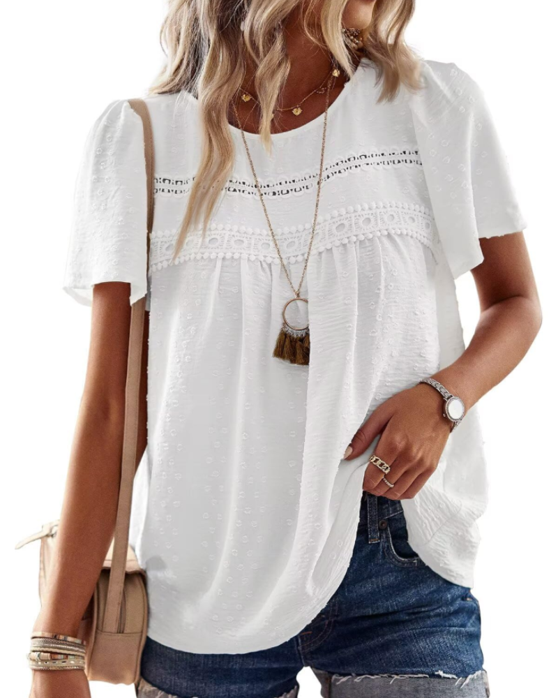 Talia Blouse Bohème Femme en Dentelle – Haut Col Rond à Manches Courtes