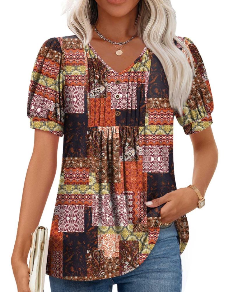 Delaney Damesblouse met V-hals – Top met pofmouwen, ruches en knopen