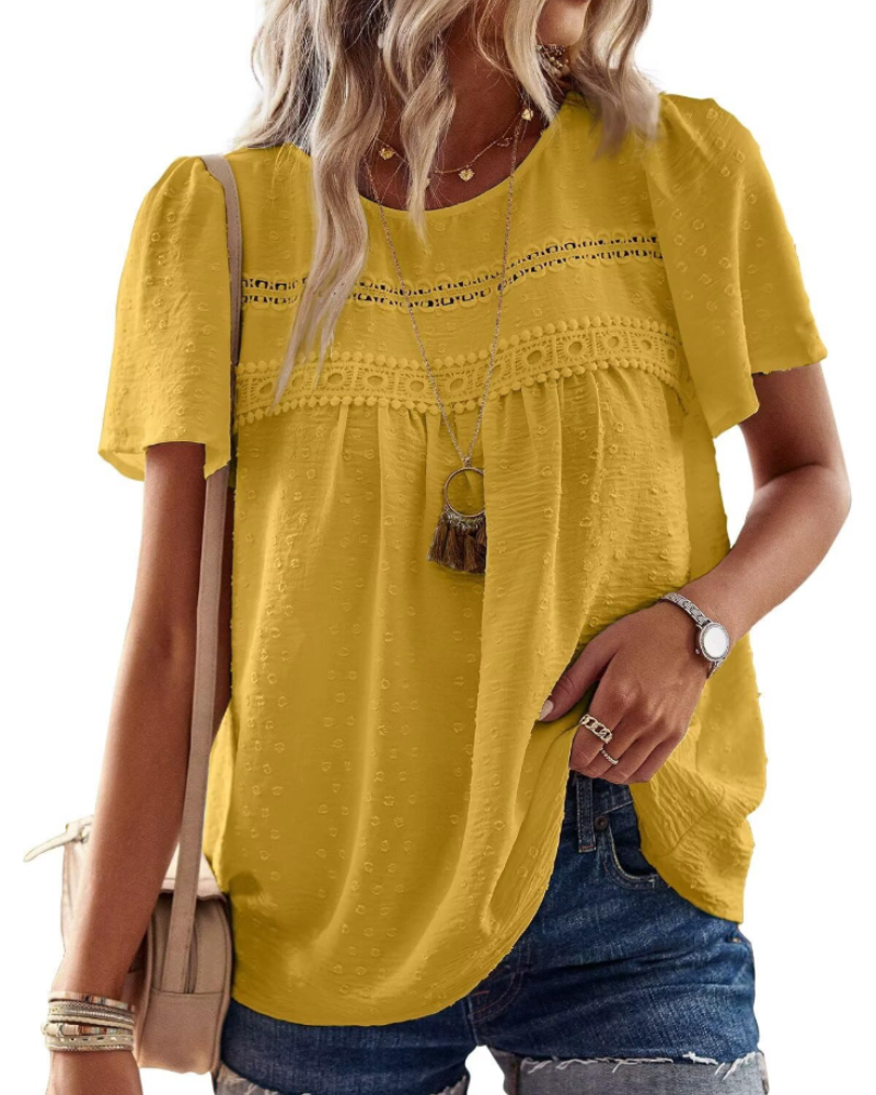 Talia Blouse Bohème Femme en Dentelle – Haut Col Rond à Manches Courtes