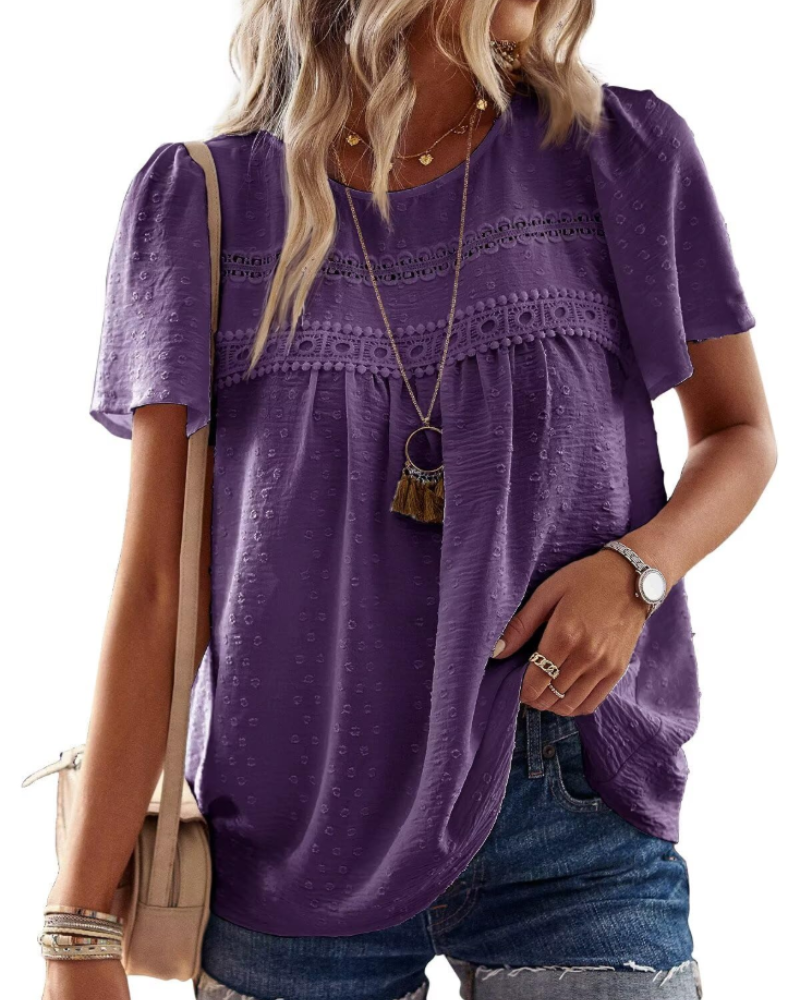 Talia Blouse Bohème Femme en Dentelle – Haut Col Rond à Manches Courtes