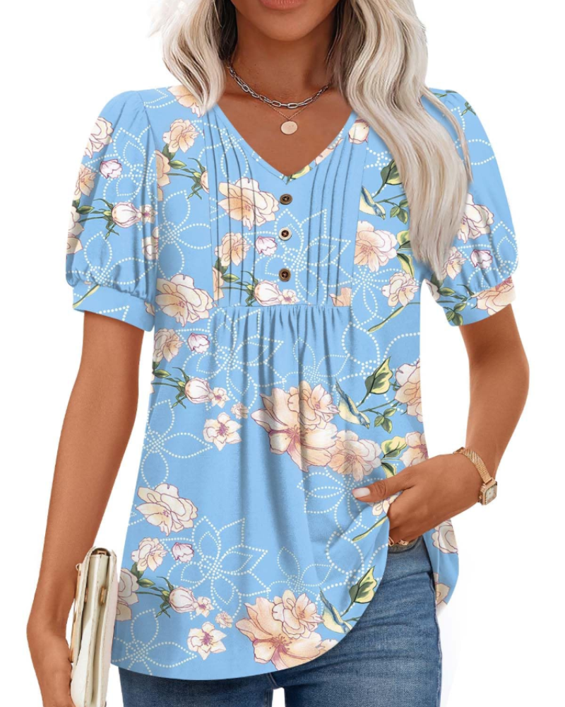 Delaney Damesblouse met V-hals – Top met pofmouwen, ruches en knopen