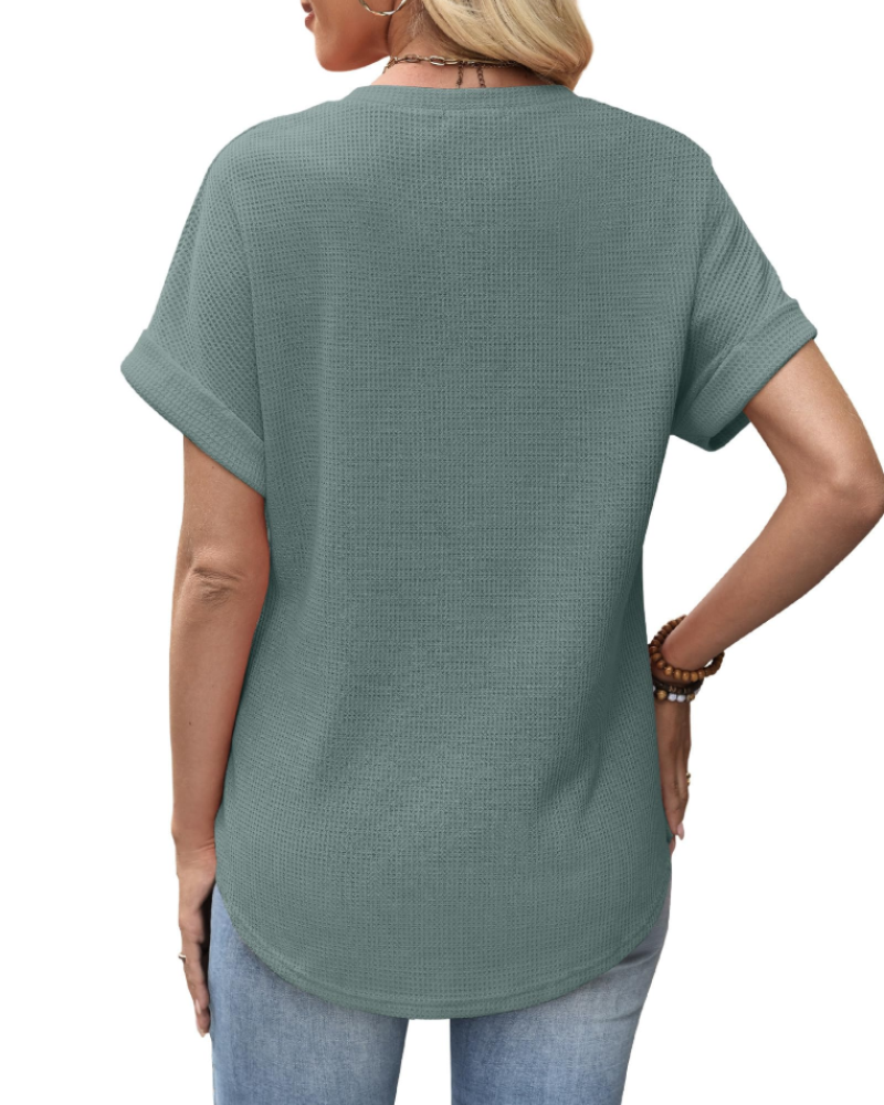 Hannah Top Mulher em Malha Texturada – T-shirt com Gola Redonda e Mangas Dobradas