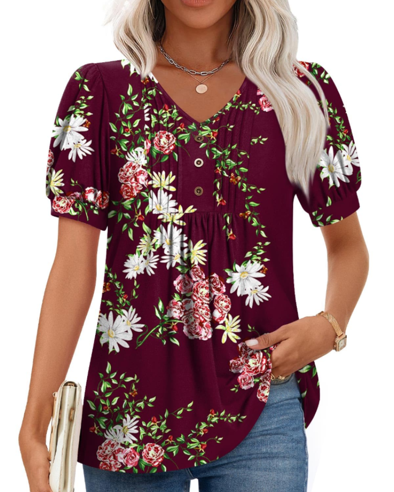 Delaney Damesblouse met V-hals – Top met pofmouwen, ruches en knopen