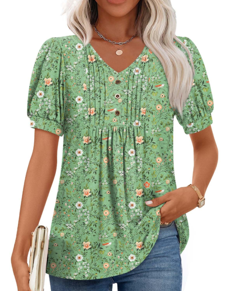 Delaney Damesblouse met V-hals – Top met pofmouwen, ruches en knopen