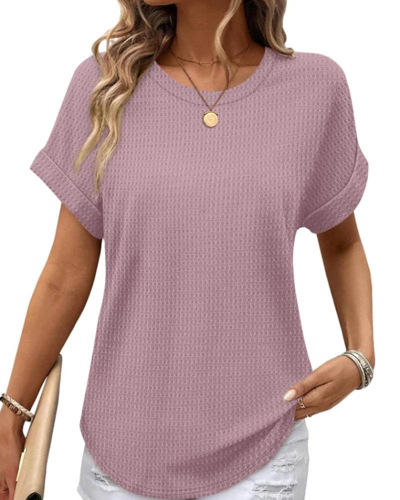 Hannah Top Mulher em Malha Texturada – T-shirt com Gola Redonda e Mangas Dobradas