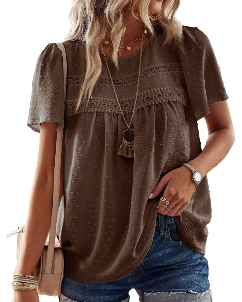 Talia Blouse Bohème Femme en Dentelle – Haut Col Rond à Manches Courtes