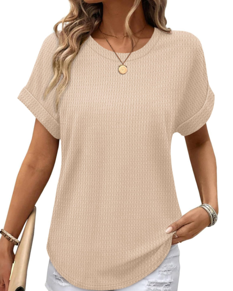 Hannah Top Mulher em Malha Texturada – T-shirt com Gola Redonda e Mangas Dobradas