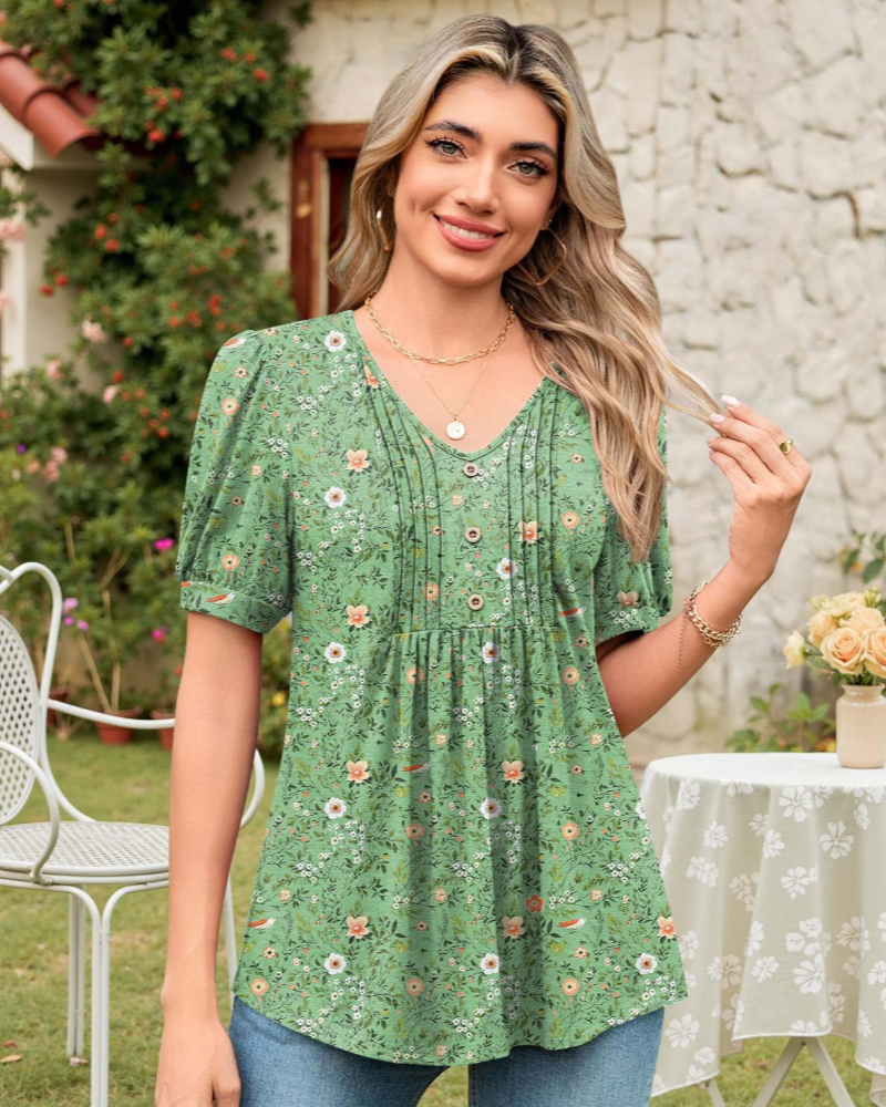 Delaney Damesblouse met V-hals – Top met pofmouwen, ruches en knopen