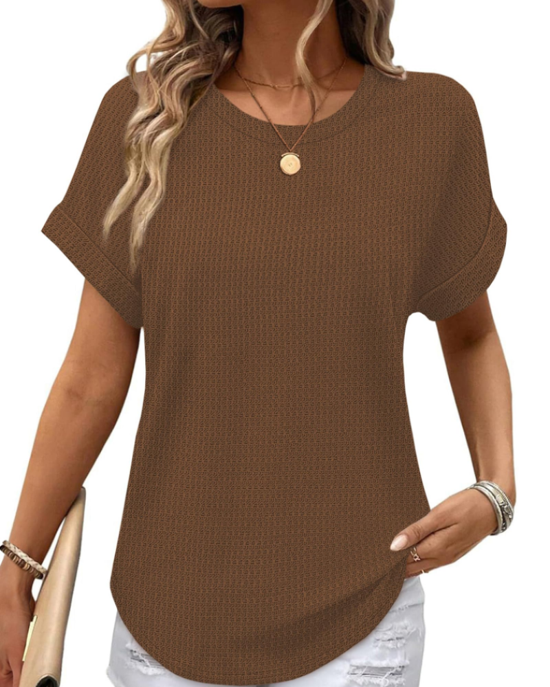 Hannah Top Mulher em Malha Texturada – T-shirt com Gola Redonda e Mangas Dobradas