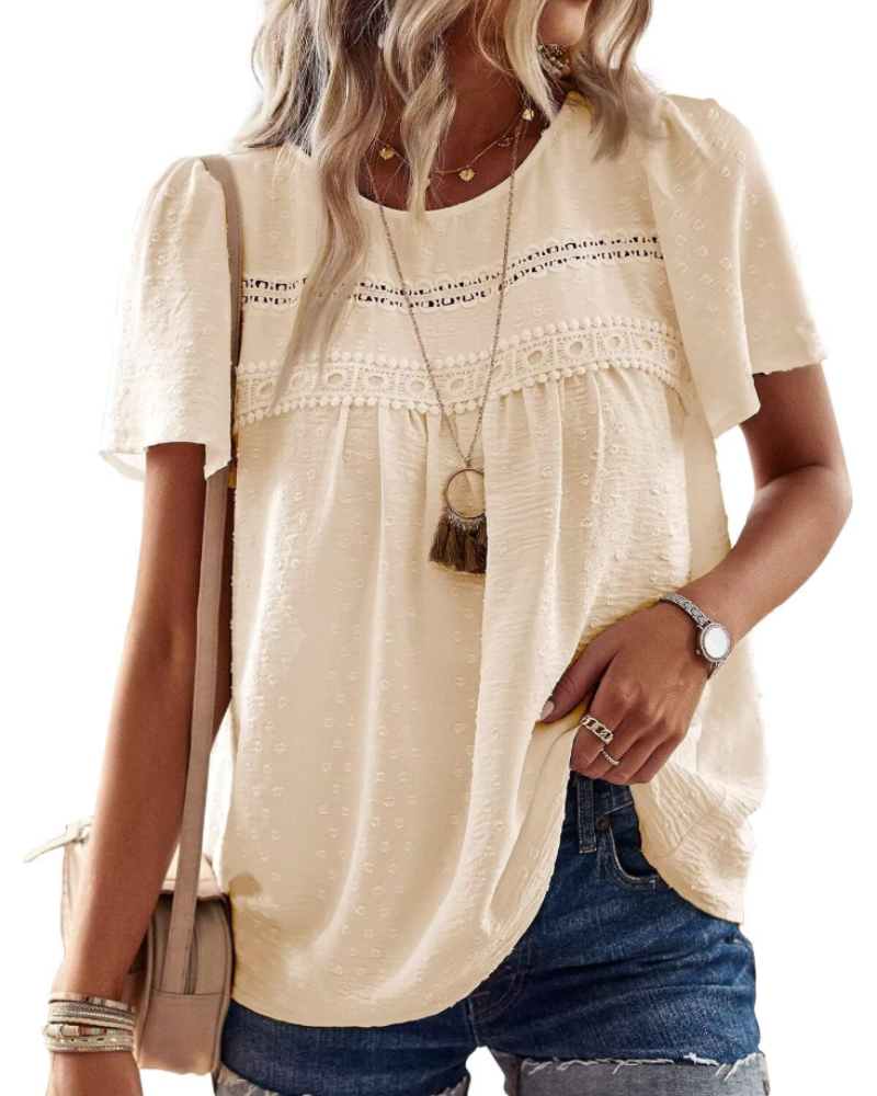 Talia Blouse Bohème Femme en Dentelle – Haut Col Rond à Manches Courtes