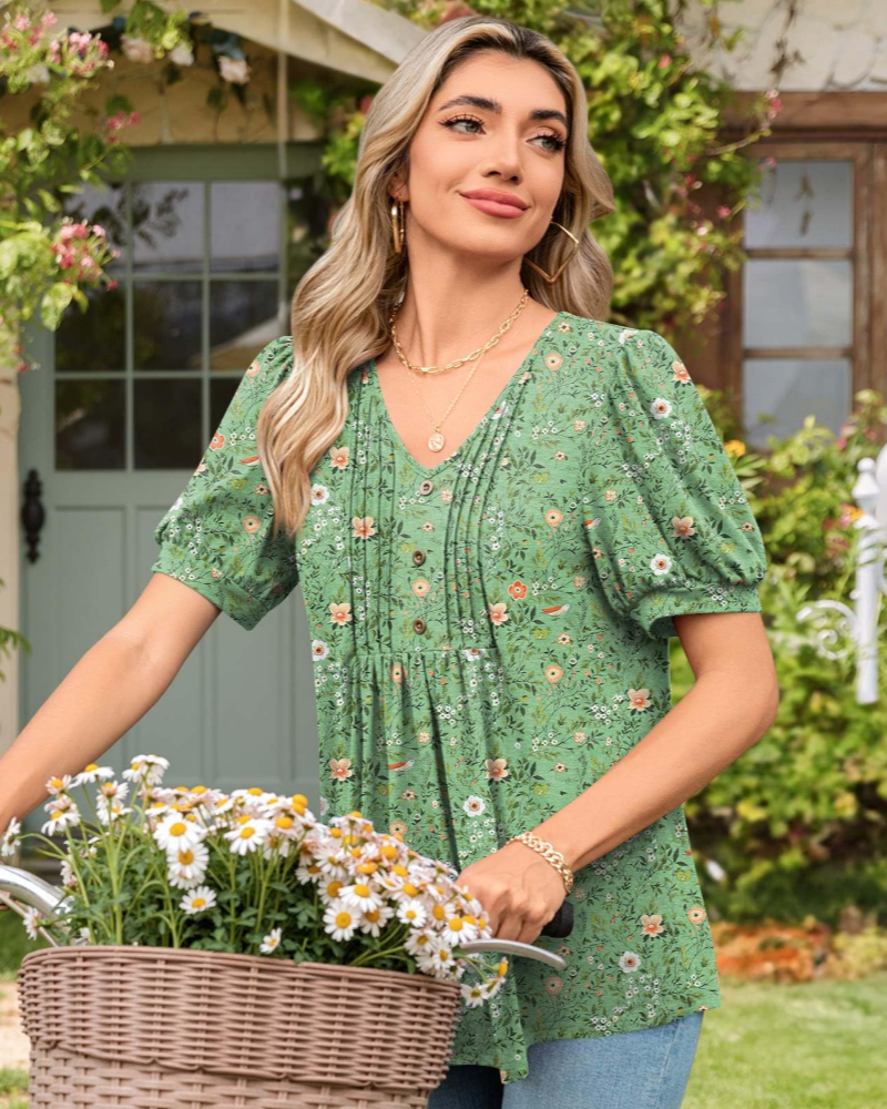 Delaney Damesblouse met V-hals – Top met pofmouwen, ruches en knopen
