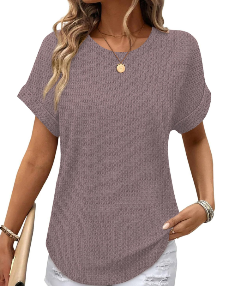 Hannah Top Mulher em Malha Texturada – T-shirt com Gola Redonda e Mangas Dobradas