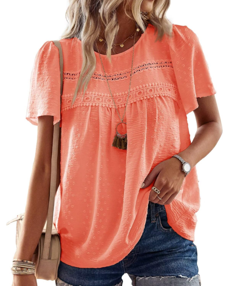 Talia Blouse Bohème Femme en Dentelle – Haut Col Rond à Manches Courtes