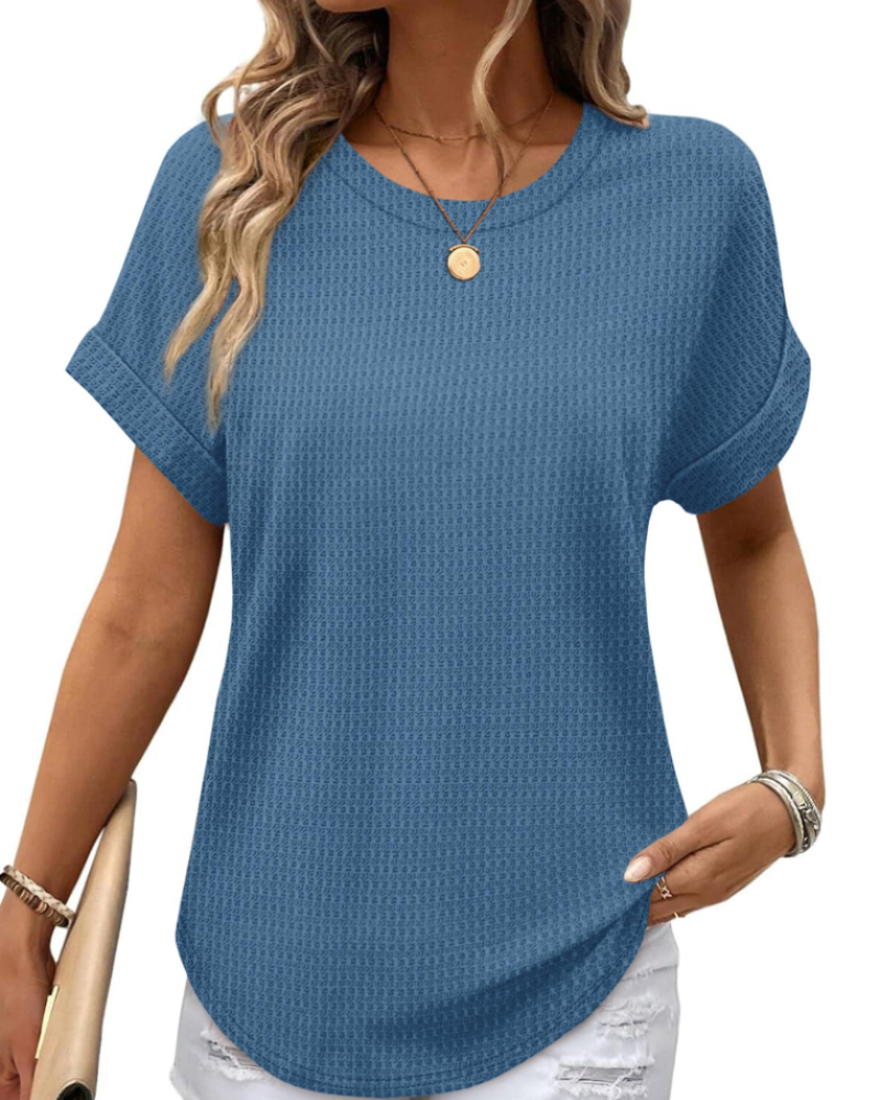 Hannah Top Mulher em Malha Texturada – T-shirt com Gola Redonda e Mangas Dobradas