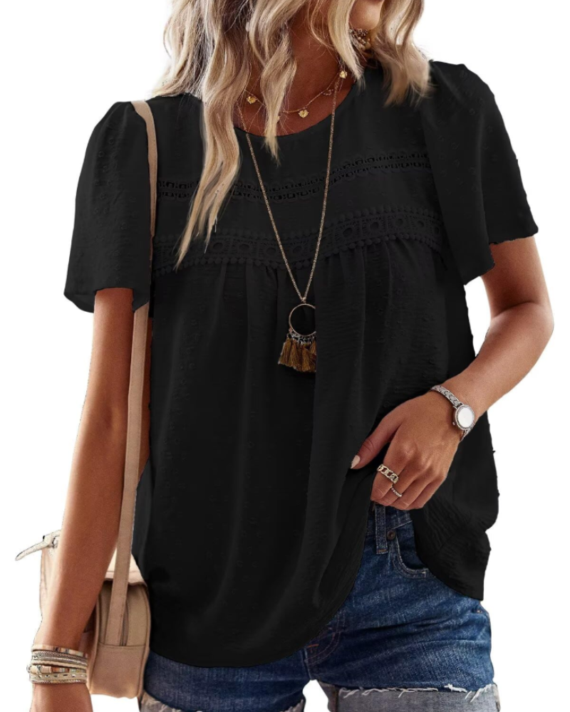 Talia Blouse Bohème Femme en Dentelle – Haut Col Rond à Manches Courtes
