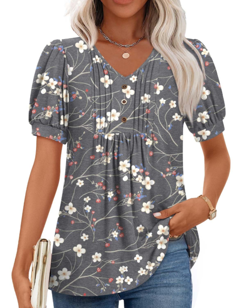 Delaney Damesblouse met V-hals – Top met pofmouwen, ruches en knopen