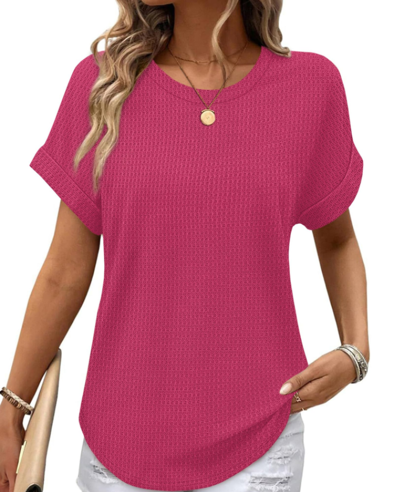 Hannah Top Mulher em Malha Texturada – T-shirt com Gola Redonda e Mangas Dobradas